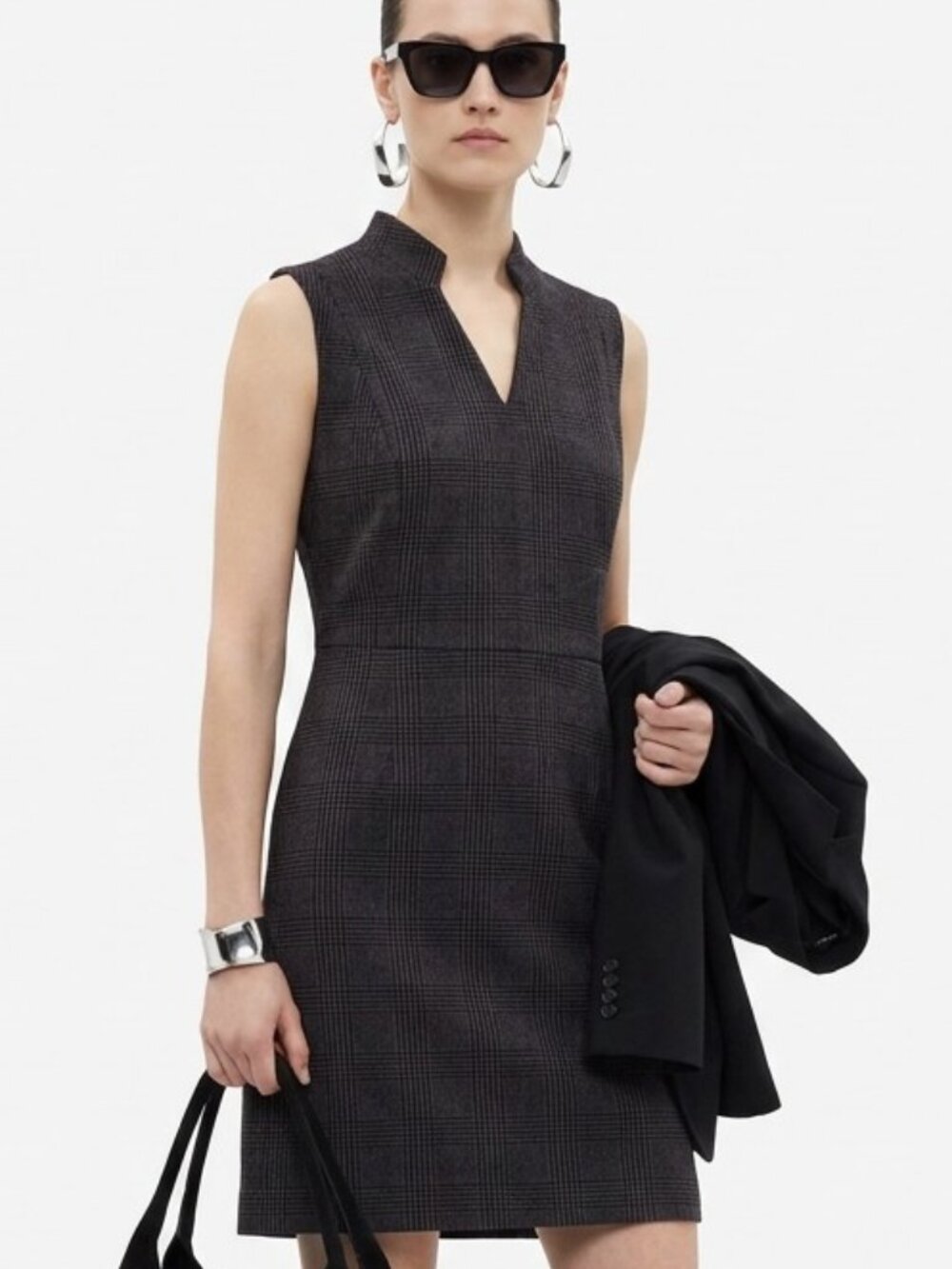 Akris Punto Glen Plaid Sleeveless V-Neck Dress Black Gray Size 14